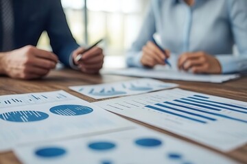 Financial advisor discussing growth projections with client, charts on desk, high-resolution detail, modern office setting