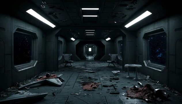 A long and narrow corridor inside an abandoned spaceship, littered with debris and wreckage. The windows offer a view of the starry night sky.