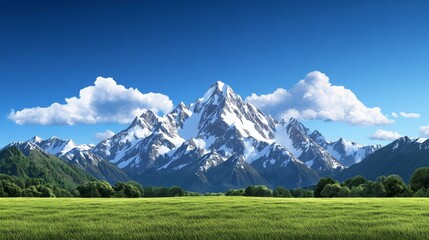 Fototapeta premium Majestic Snow Capped Mountains Lush Green Meadow Scenic Landscape