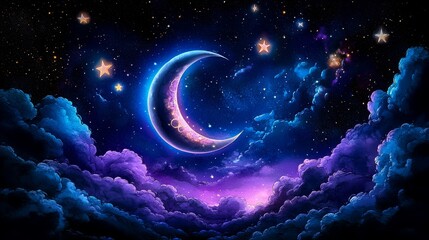 Magical Crescent Moon Starry Night Sky Dreamy Cloudscape Celestial Fantasy Art