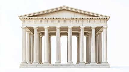 Fototapeta premium Iconic Classical Greek Temple with Symmetrical Columns and Pediment on Pristine White Background