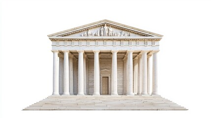 Obraz premium Starożytna grecka klasyczna świątynia z kultowymi kolumnami i frontonem na białym tle