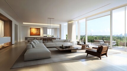 Modern living room with large windows, a sectional sofa, and a view of a city skyline.