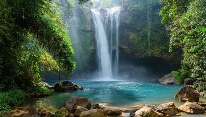 Fototapeta premium Tropical Waterfall Cascading Over Jagged Rocks Into a Crystal Clear Pool, Surrounded by Lush Green Jungle Foliage and Mist Rising Into the Warm Humid Air