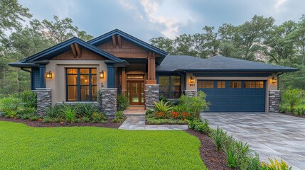 Modern house with landscaped garden and stone accents.