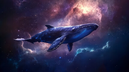 Dreamy night sky with a blue whale soaring among bright, shining stars