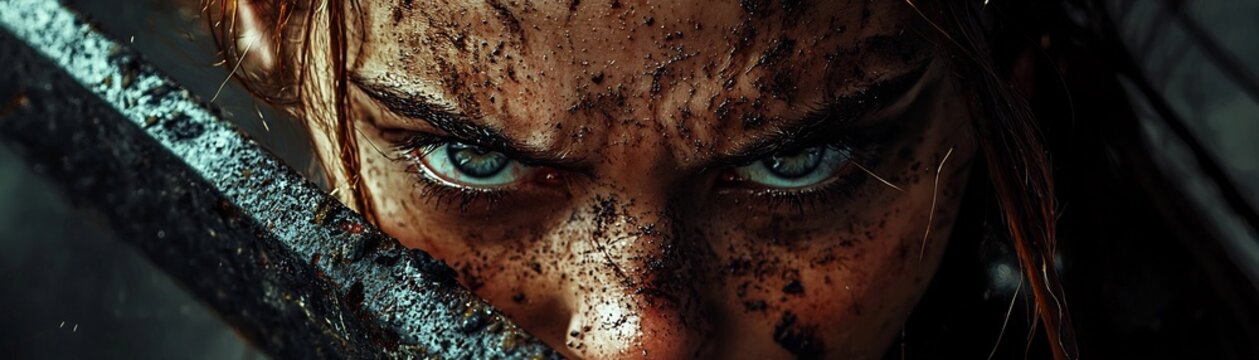 Fierce Gladiatrix with Scarred Face and Gripping Weapon Driven by Determination