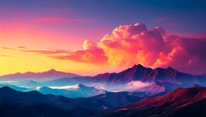 gradient background with colorful cloud above the mountains; sunset mood