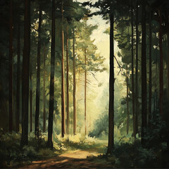 a forest with tall trees in the Spring with dappled light, painterly