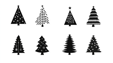 Obraz premium Minimalist Christmas Tree Silhouettes in Various Styles – Black and White Vector Icons for Holiday Cards and Seasonal Branding