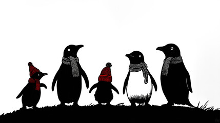 Obraz premium Festive Family of Penguins Silhouette with Winter Hats and Scarves – Black and White Clipart for Holiday Cards and Winter Decor