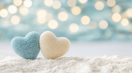 Affectionate heart symbols on soft surface minimalist setting photography cozy environment close-up perspective for romantic feelings