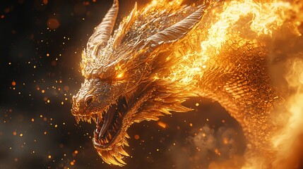 masterpiece digital artwork, a vicious golden dragon breathing fire, fantasy, close up shot,