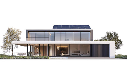 Modern house with solar panels on white background
