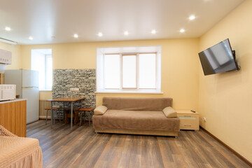Apartment interior. Living room combined with kitchen. Home kitchen appliances and furniture in the living area. In the living room there is a sofa with a cabinet. There is a TV on the wall.