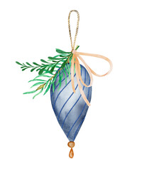 Obraz premium Watercolor Christmas arrangement with blue christmas tree ball, fir twigs and bow. For greeting cards, scrapbooking, invitations, wrapping and other design ideas.