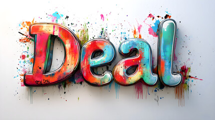 The word 'Deal' in a street artgraffiti style, splashed across a white wall