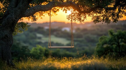 A wooden swing hangs from a tree branch, with the setting sun creating a golden glow behind it. The swing is in a field, with green trees and a blurry cityscape in the background.