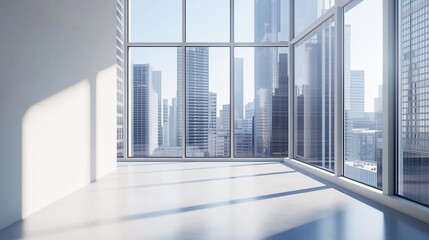 Obraz premium Interior view of an empty room in a skyscraper, showcasing the cityscape during the day. The skyline view from a high-rise window offers a gorgeous property with a stunning view.