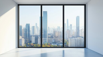 Fototapeta premium Interior view of an empty room in a skyscraper, showcasing the cityscape during the day. The skyline view from a high-rise window offers a gorgeous property with a stunning view.
