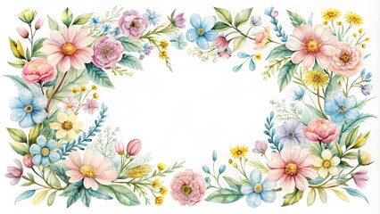 Delicate Watercolor Floral Border with Vibrant Pink, Blue, and Yellow Blossoms