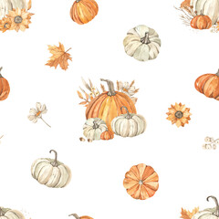 Watercolor seamless pattern with pumpkins, autumn plants, flowers, leaves, fall print, texture