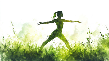 Green watercolor painting of a woman practices yoga in grassy meadow at sunrise