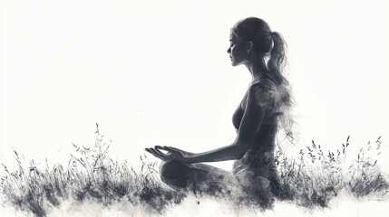 Pencil sketch outline of a woman practices yoga in grassy meadow at sunrise