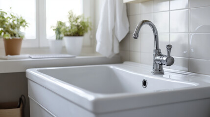 Fototapeta premium close up view of utility sink with modern faucet, showcasing clean and functional design. bright space is enhanced by greenery, creating refreshing atmosphere