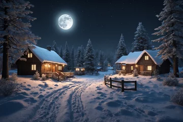 Selbstklebende Fototapeten Snowy village in winter under a full moon, cottages nestled between frosty pine trees, warm lights shining from windows, and a gentle snowfall creating a magical ambiance © faisalriza