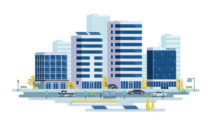 Modern cityscape. Business district skyscrapers, City landscape scenery. Office building set. Vector illustration of city landscape with street elements.