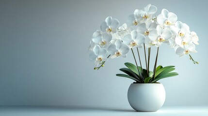 Elegant white orchids in a minimalist pot against a soft backdrop.