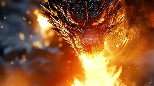masterpiece digital artwork, a vicious golden dragon breathing fire, fantasy, , close up video