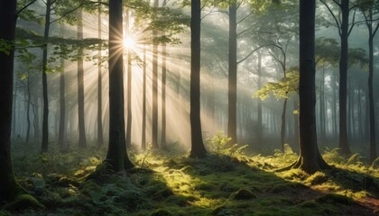 Fototapeta premium misty forest at sunrise, light rays streaming through trees, soft shadows, high detail, serene atmosphere 