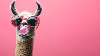 Rolgordijnen zonder boren llama wearing pink sunglasses and blowing bubble gum © 用脚 开门