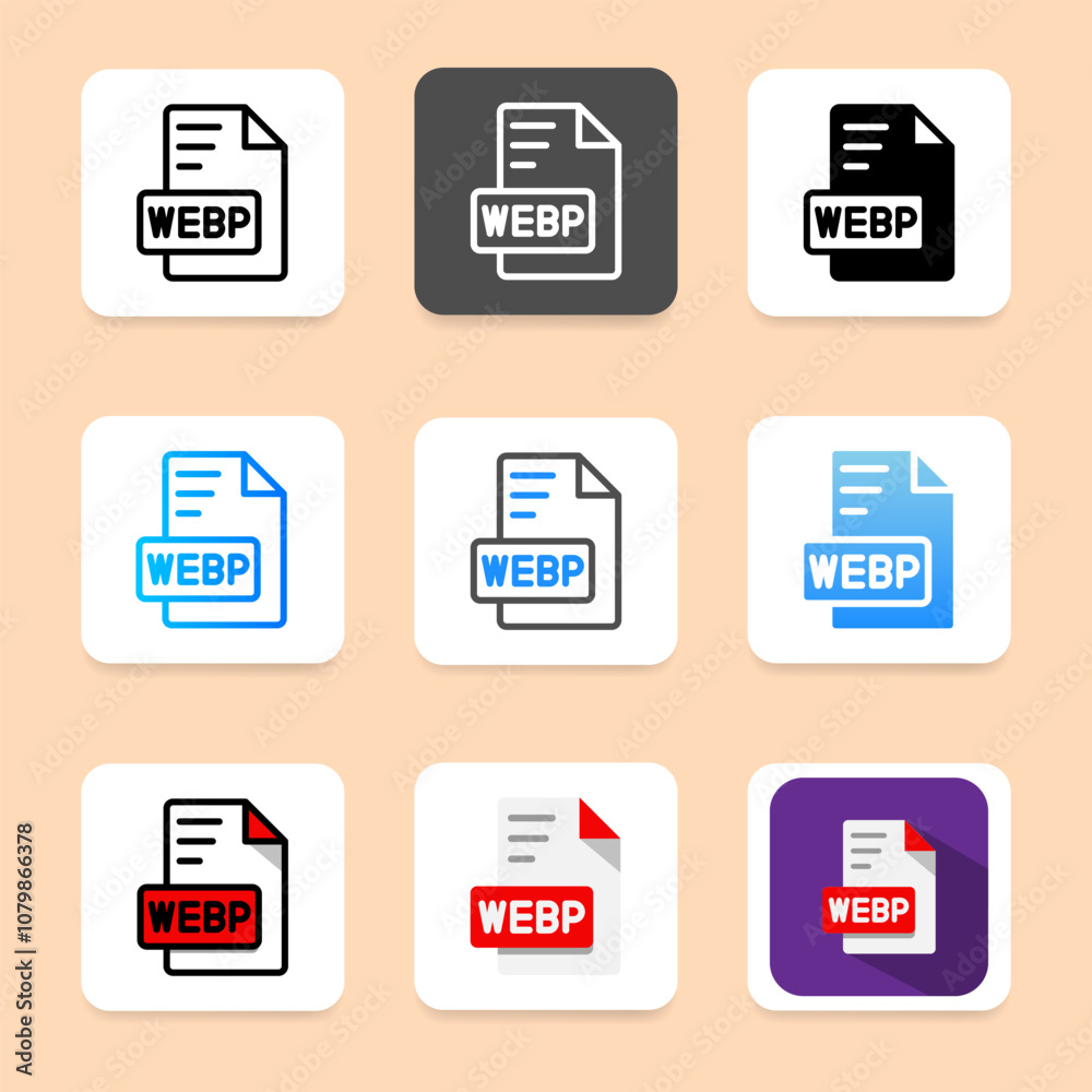 Poster set webp format document icon. can be used for file type, extension and archive.