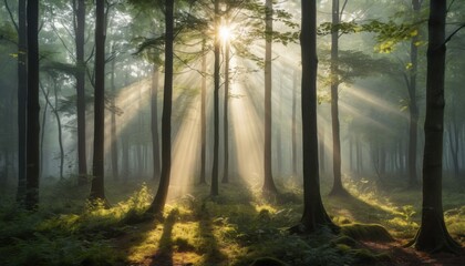 misty forest at sunrise, light rays streaming through trees, soft shadows, high detail, serene atmosphere 