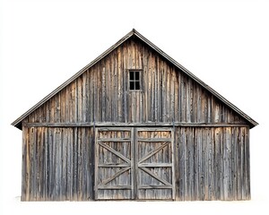 Naklejka premium Rustic Weathered Wooden Barn with Gabled Roof and Large Doors on White Background