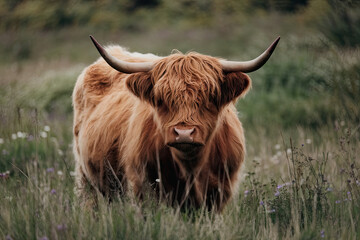 Highland cow in a field, rustic livestock