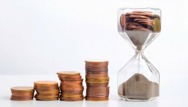 Money with an hourglass clock. Return on investment, gold coin increasing chart. Growth, income, savings, investment. Symbol of wealth. ai generated
