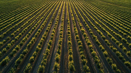 Almond orchard in California, organized rows of almond trees, high productivity.