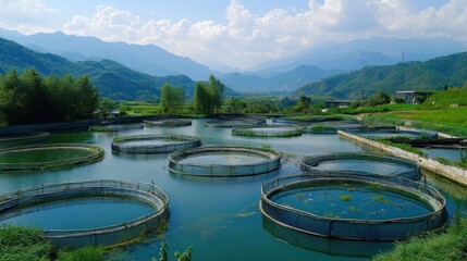 Aquaculture farm in China, fish ponds with organized harvesting process, major exporter.