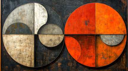 orange and grey on maroon, oil painting, textures, geometric shapes