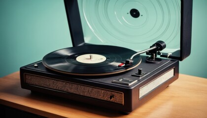 retro-style vinyl record player with a record spinning, nostalgic ambiance