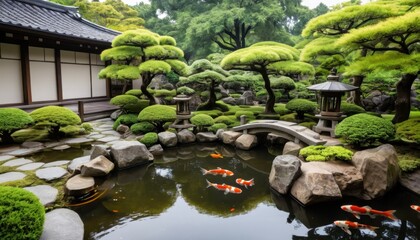 serene Japanese garden with koi pond, stone lanterns, and green plants