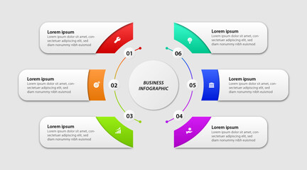 Modern business infographic template design with rounded rectangle and icons process step with 6 options. Can be used for slides, diagram, presentation or web design. Vector illustration. 