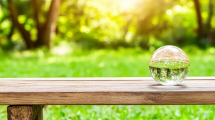 Fototapeta premium A crystal-clear sphere sits on a wooden table, reflecting greenery in a sunny park, This serene image can be used for themes of nature, tranquility, or mindfulness in marketing or design projects,