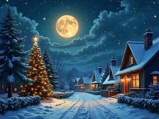 Fototapeta premium Christmas night scene with a glowing moon and snowy rooftops