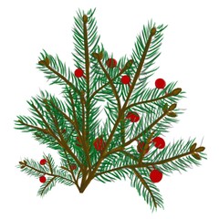 hand drawn vintage christmas branch, pine tree with red berries. perfect for invitations, greeting cards, posters, and prints