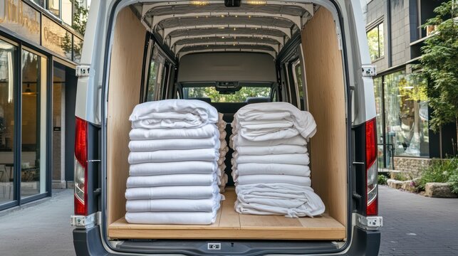 Commercial laundry delivery in Canada, large van delivering clean linens for businesses, organized and efficient.